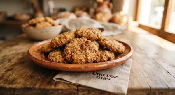 Galletas de avena con amaranto reventado y canela sobre un plato de barro.