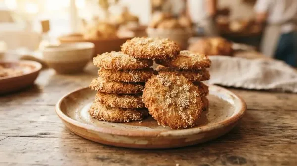 Galletas doradas de coco tostado con racimos de amaranto en loza de barro.