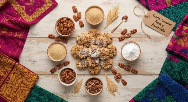 Galletas de nuez pecana espolvoreadas con amaranto y azúcar glass sobre madera rústica.
